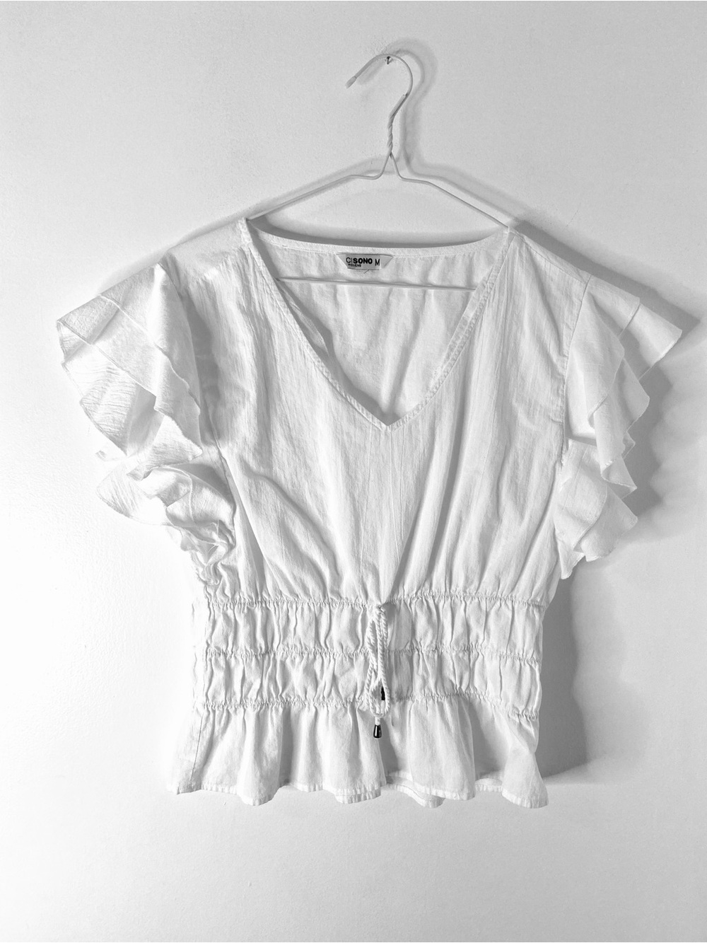 White Cotton Smocked Waist Flutter Sleeve Peplum Blouse Ci Sono